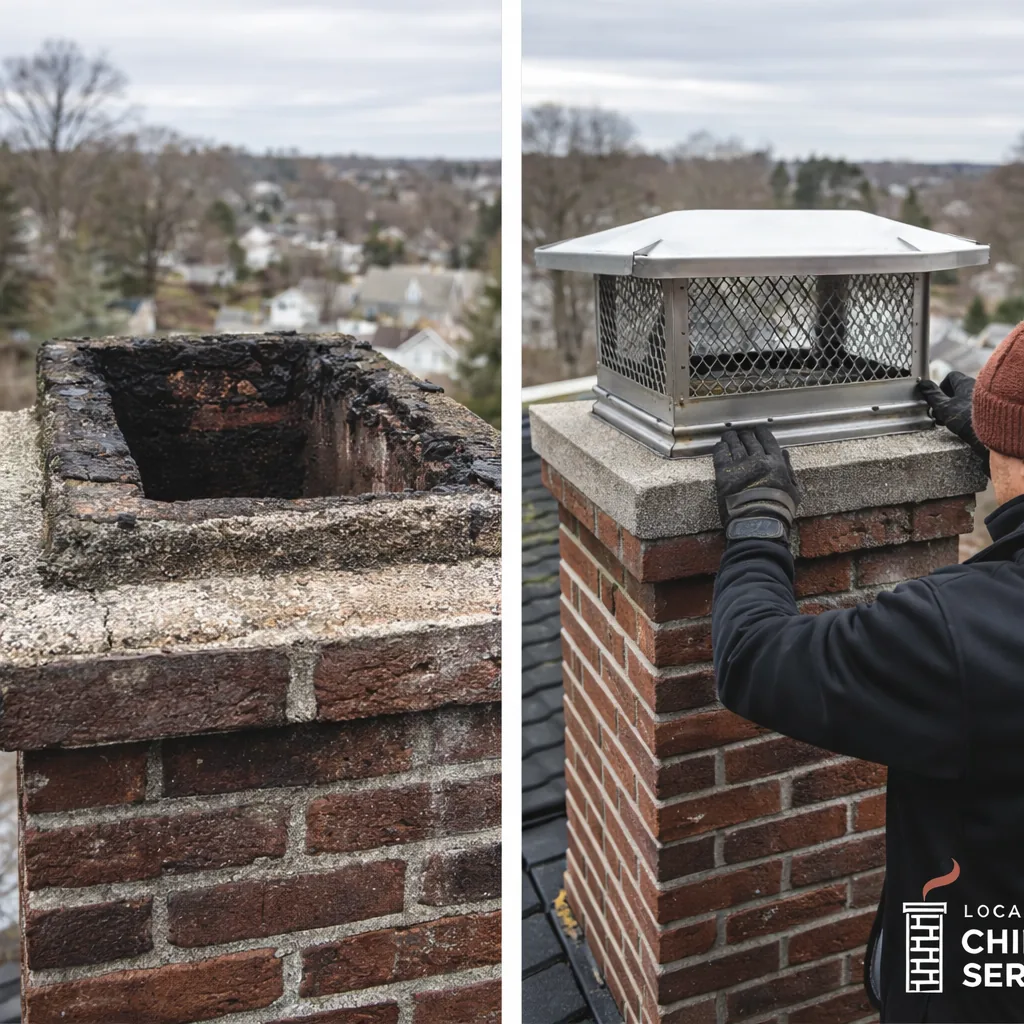 Side by side of an open, uncapped flue next to the same chimney fitted with a properly sized cap