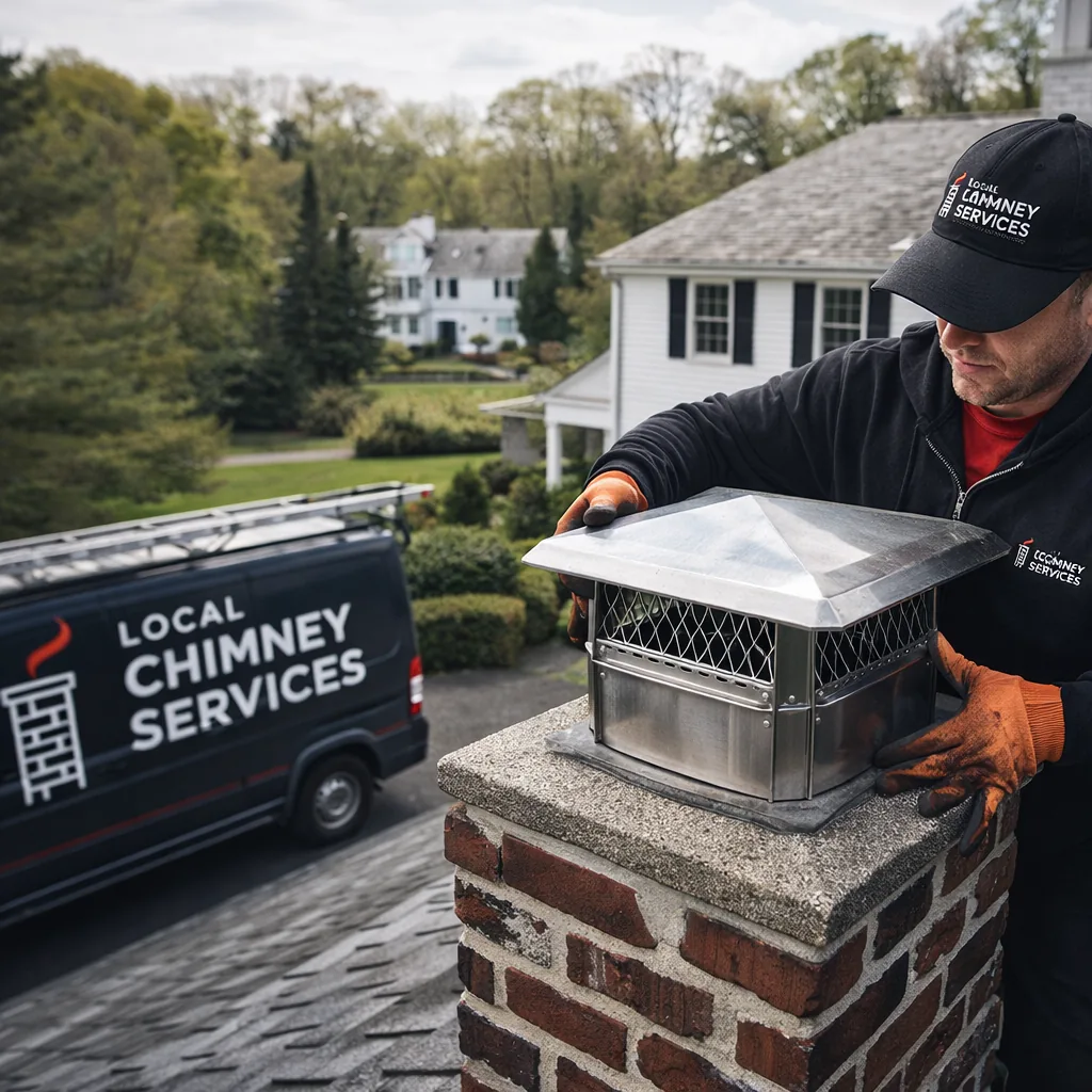 A technician fitting a stainless steel chimney cap onto the flue of a Greenwich area colonial home, seen from the rooftop