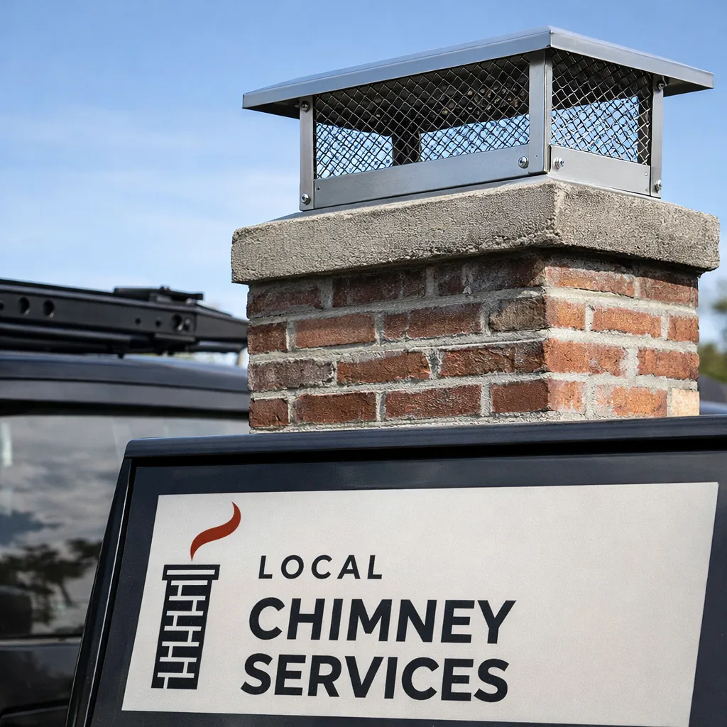 A newly installed stainless steel chimney cap sitting square on top of a masonry flue against a clear sky