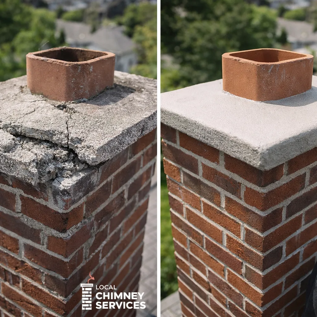 Side by side of a cracked, spalling chimney crown before repair and the same crown sealed and repaired
