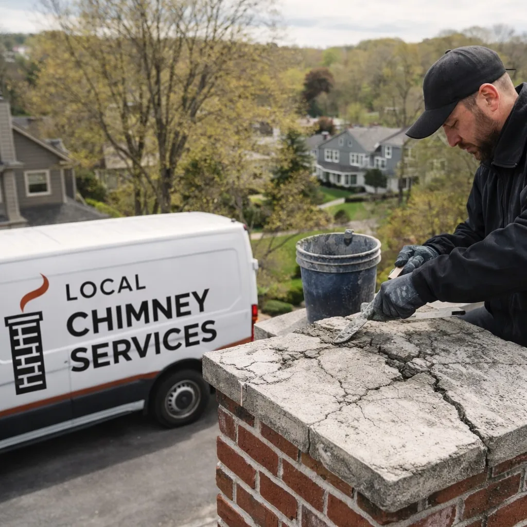 A technician working on a cracked concrete chimney crown at the top of a masonry chimney on a Greenwich area home