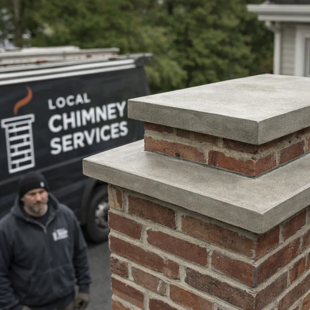 A freshly rebuilt chimney crown with a clean slope and drip edge on top of a masonry chimney
