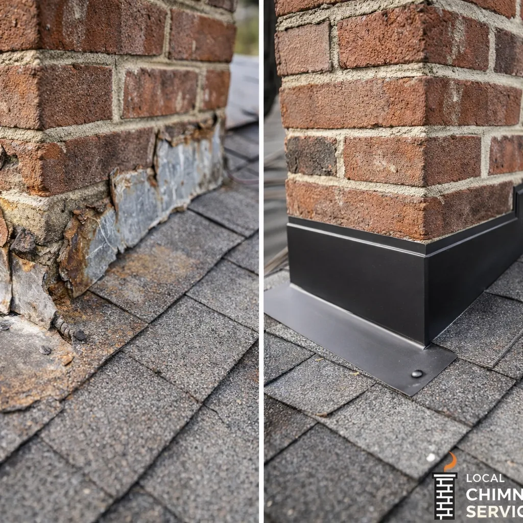 Side by side view of corroded, gapped flashing before repair and new flashing properly sealed at the same chimney