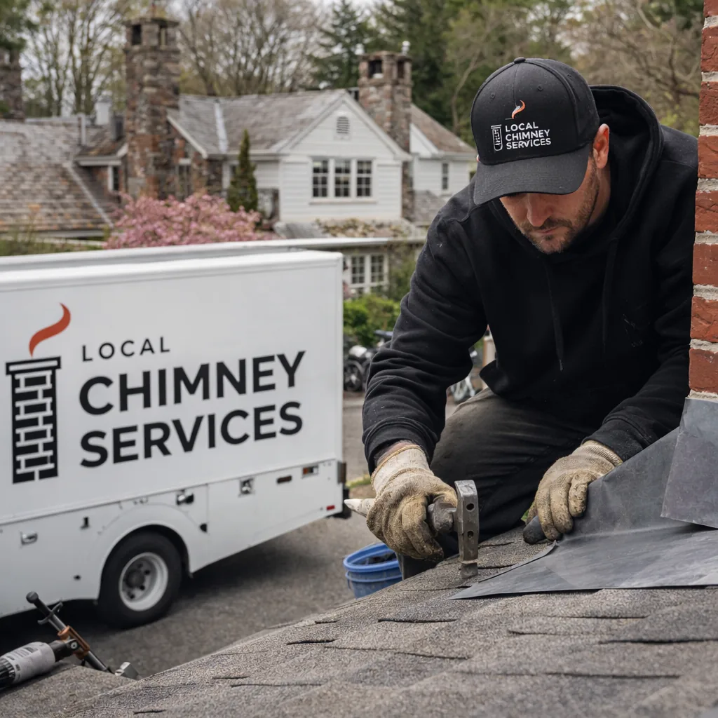 Technician repairing metal flashing at the base of a chimney where it meets asphalt shingles on a Greenwich area roof