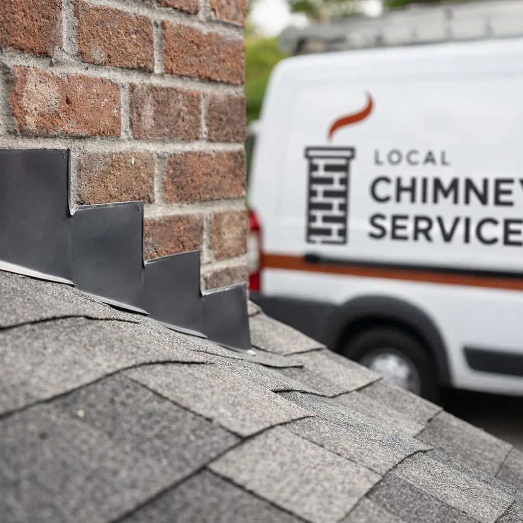 New step flashing tucked cleanly under roof shingles at the base of a chimney