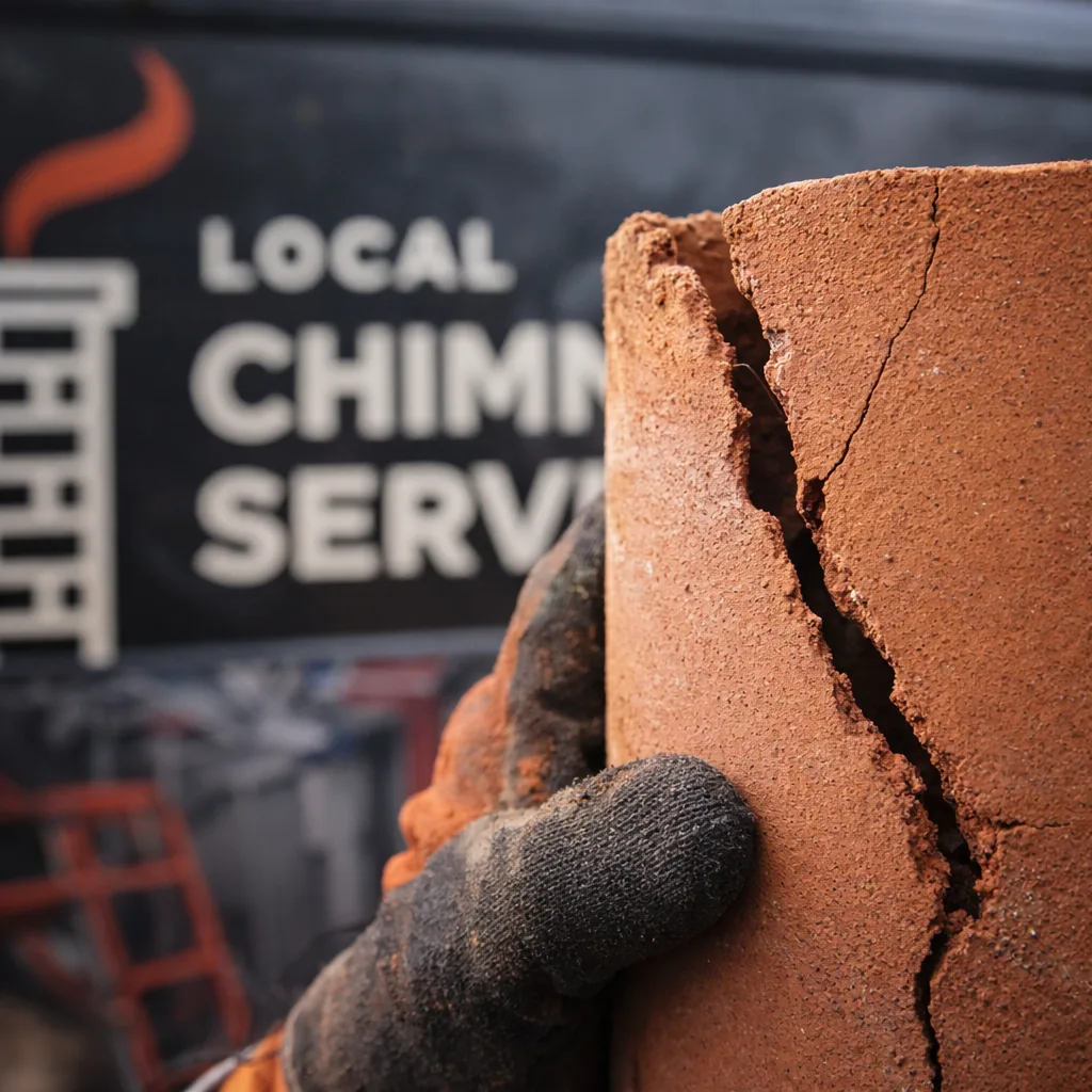 A close-up photo documenting a cracked flue liner tile found during an inspection
