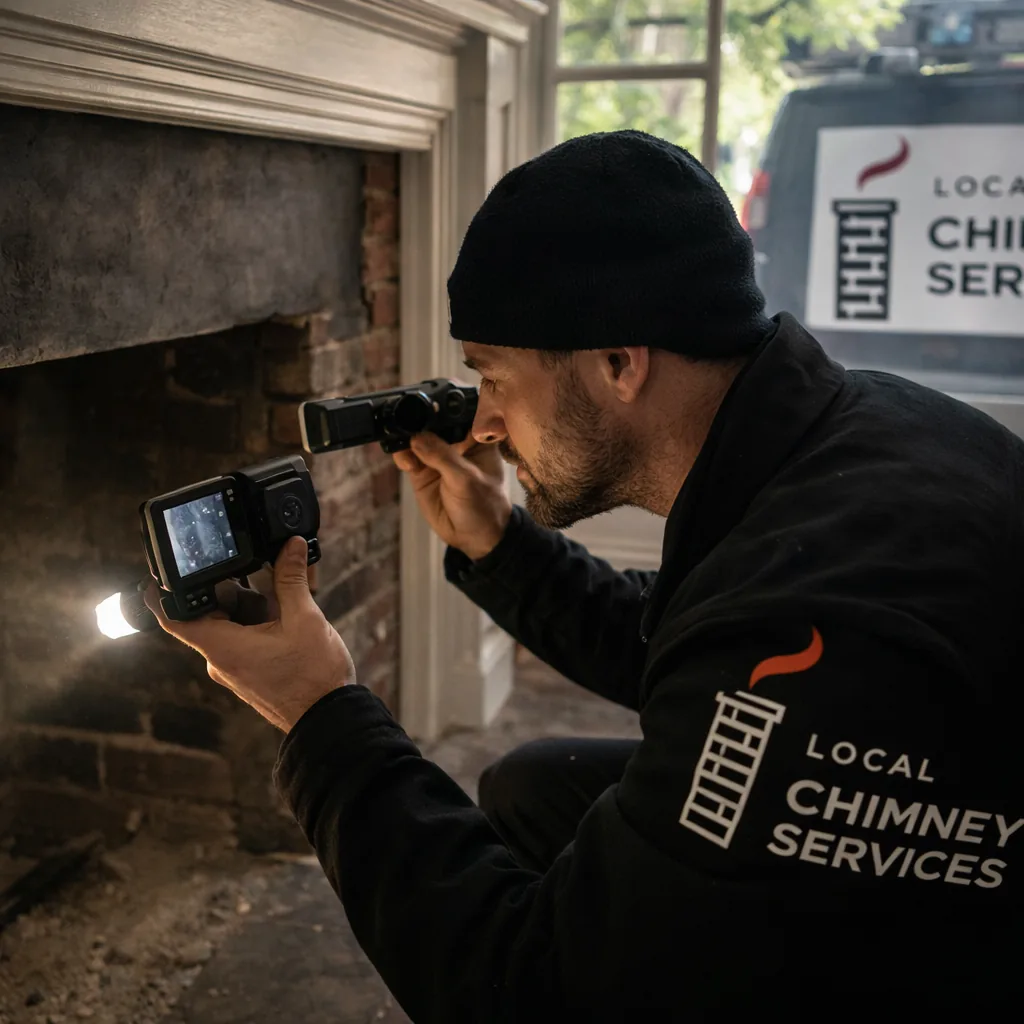 A technician using a flashlight and camera to inspect the flue of a fireplace from inside a Greenwich area home
