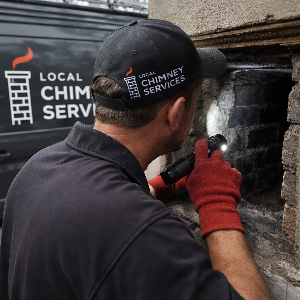 A technician using a flashlight to examine the interior of a flue during a chimney inspection