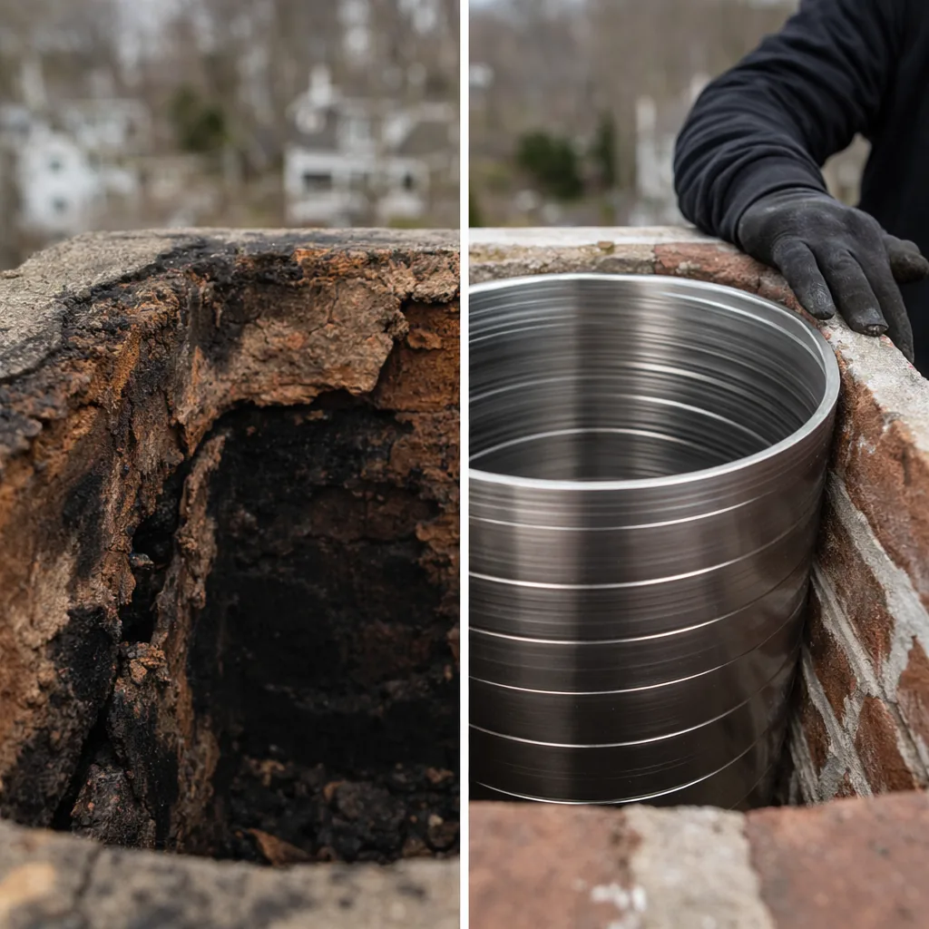 Side by side view of a deteriorated flue tile before relining and a smooth new liner in the same chimney