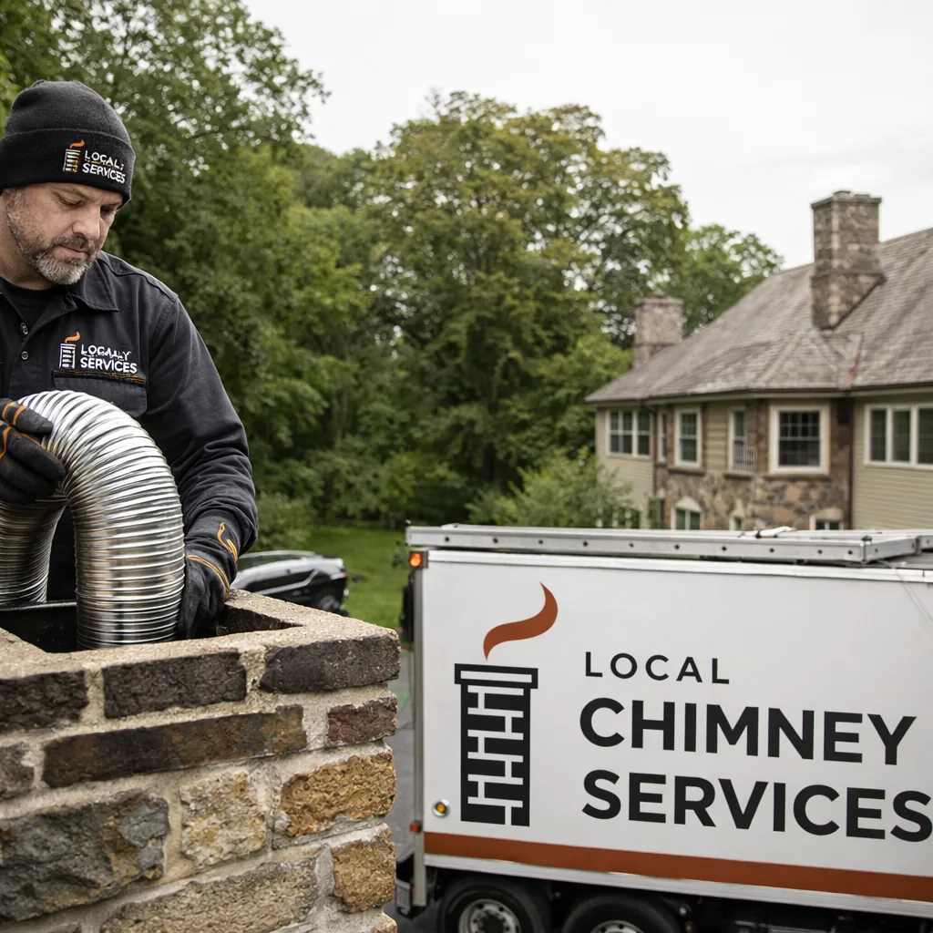 A technician lowering a stainless steel flue liner down through a chimney on a Greenwich area home