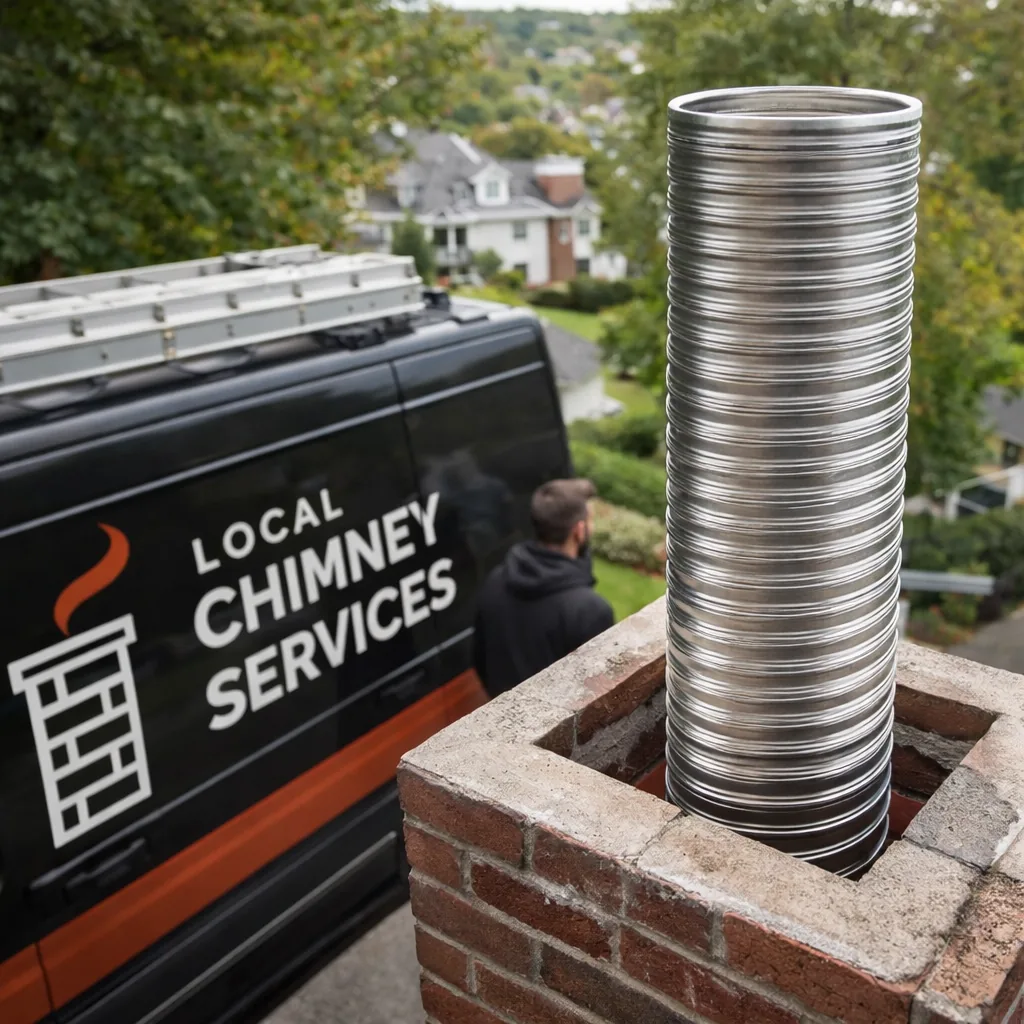 A new stainless steel flue liner installed and visible from the top of a chimney on a Greenwich area home