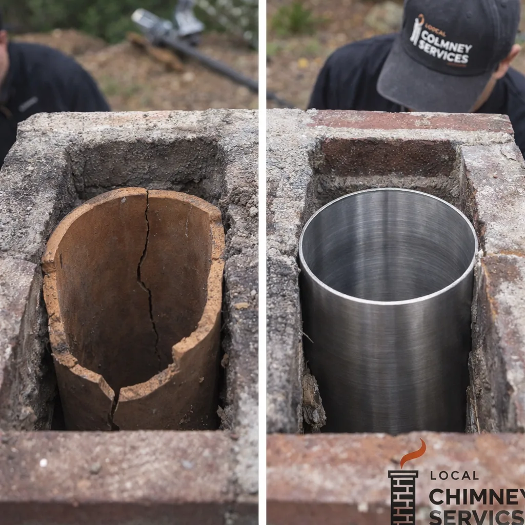 Side by side of a cracked clay tile flue before relining and a new smooth liner in the same chimney