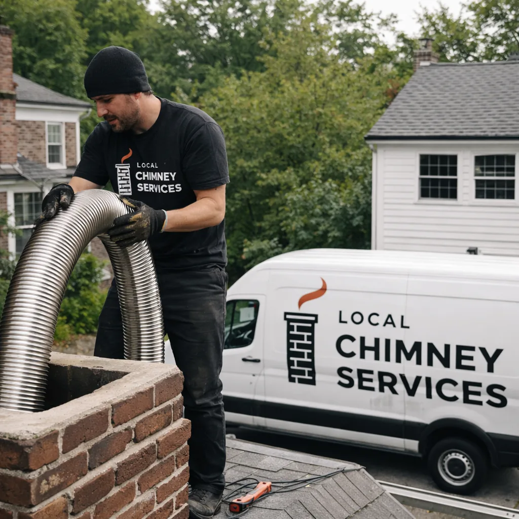 A technician on a rooftop feeding a flexible stainless steel liner down into a chimney flue on a Greenwich area home