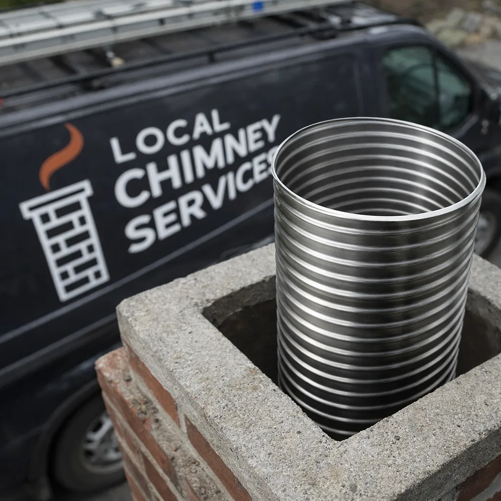 A completed stainless steel liner visible from the top of a chimney flue after installation