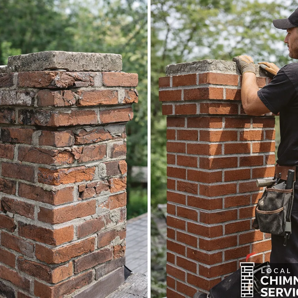 Side by side of a chimney with spalling, cracked brick before repair and the same chimney restored
