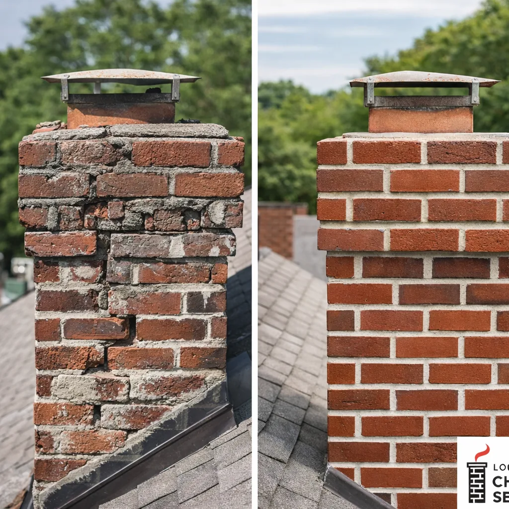 Side by side of a chimney with damaged, spalling brick before repair and the same chimney fully restored