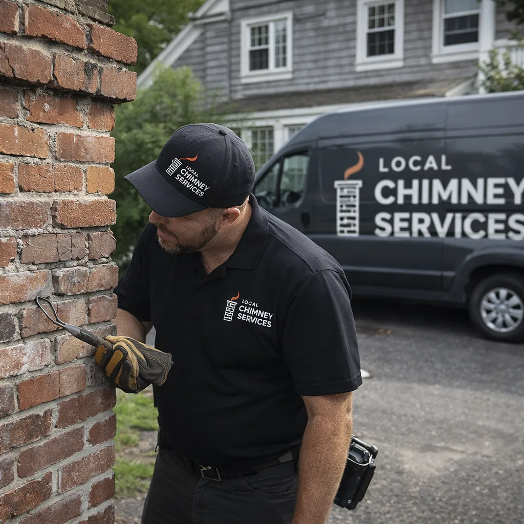 A technician assessing cracked mortar joints on a chimney exterior on a Greenwich area home before starting a repair quote
