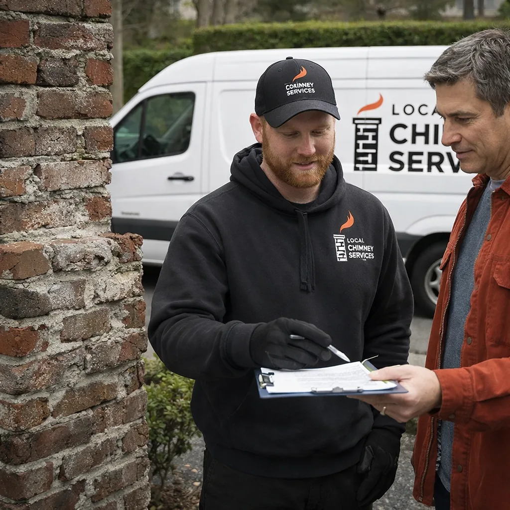 A technician reviewing a written repair quote with a homeowner in front of a chimney needing masonry work