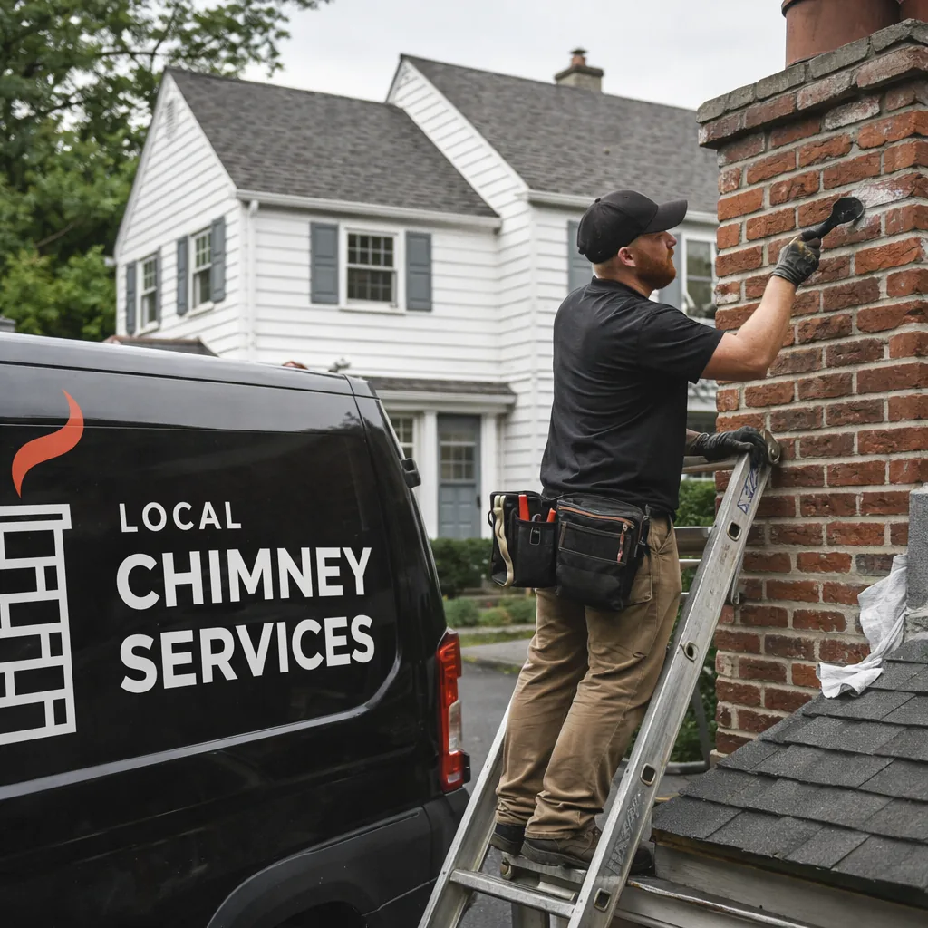 A technician repointing mortar joints on the brick exterior of a chimney on a Greenwich area colonial home