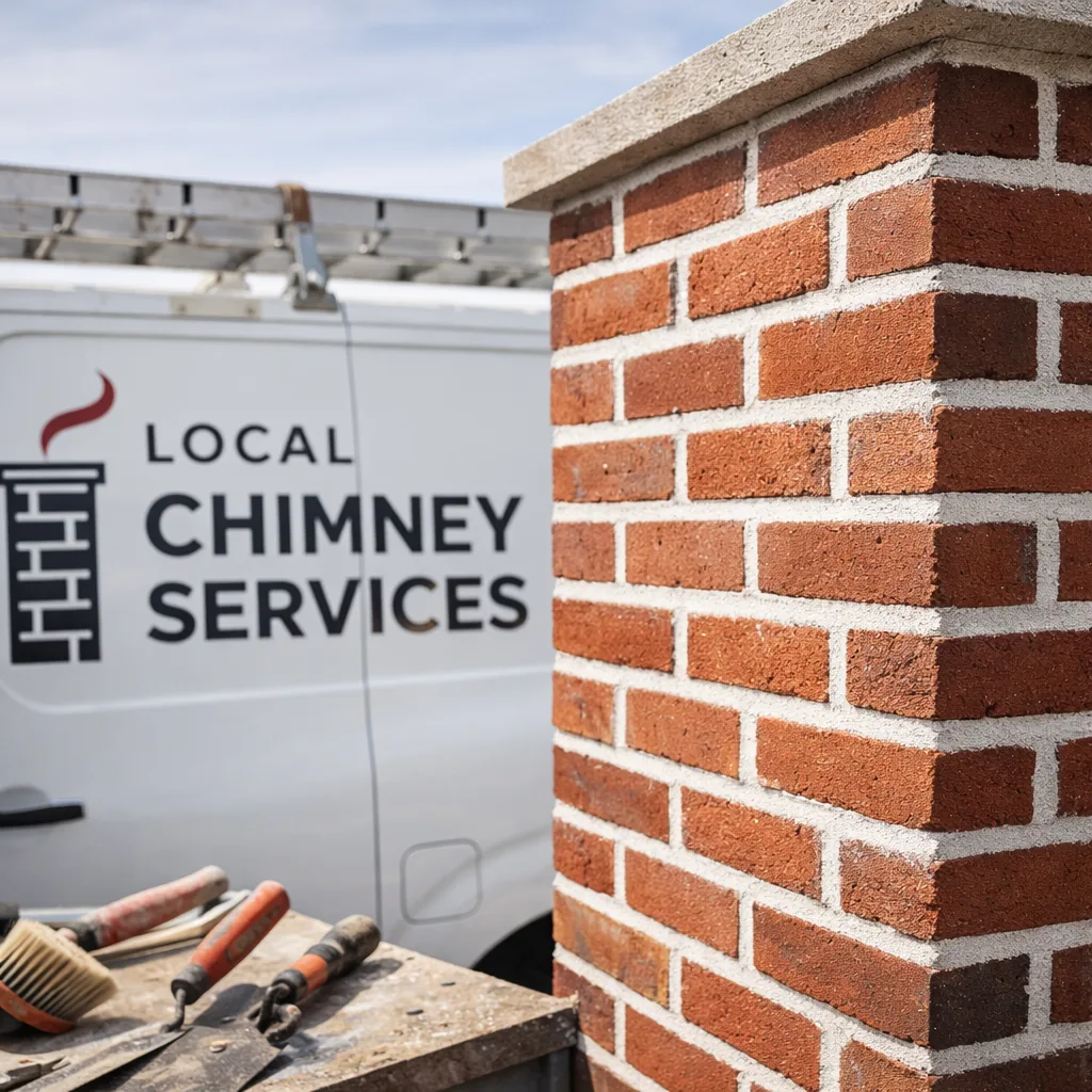 Freshly repointed mortar joints on the brick face of a chimney against a clear sky
