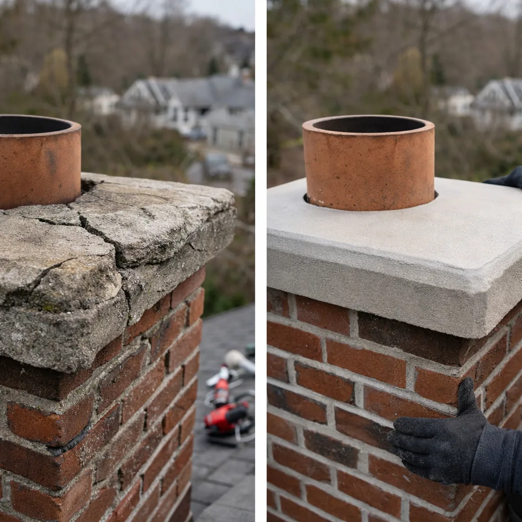 Chimney crown before repair, cracked and stained, shown beside the same crown after it was sealed and rebuilt