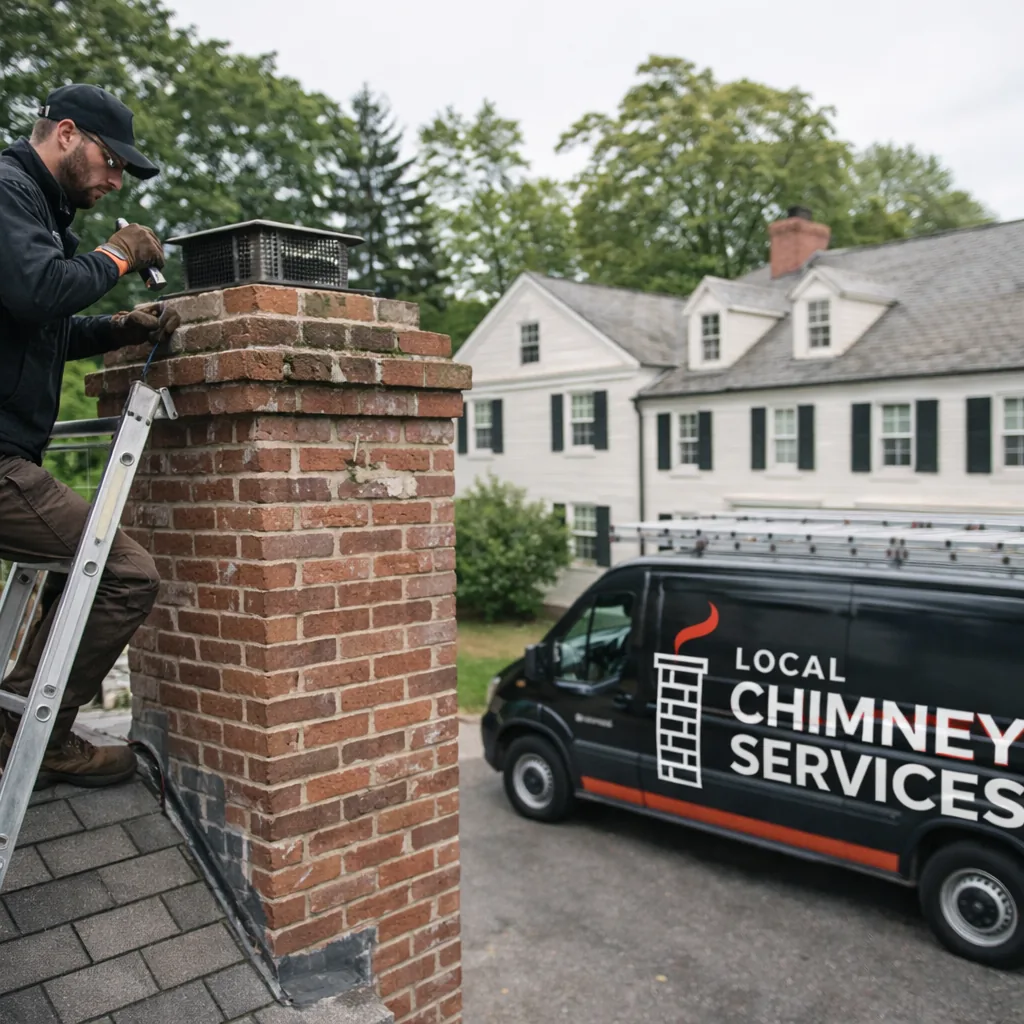 Uniformed chimney technician on a ladder inspecting the masonry chimney of a colonial style home in Greenwich CT