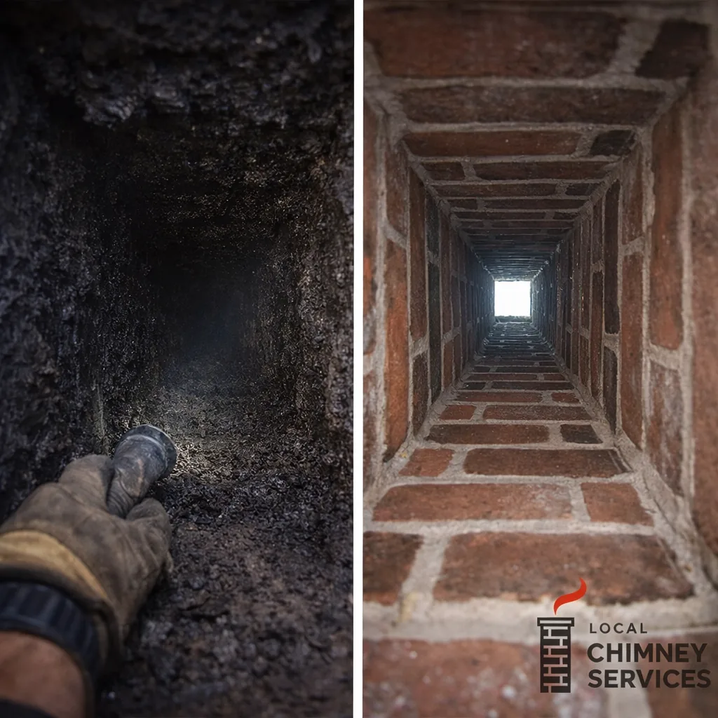 Side by side of a flue coated in creosote before sweeping and the same flue clear after