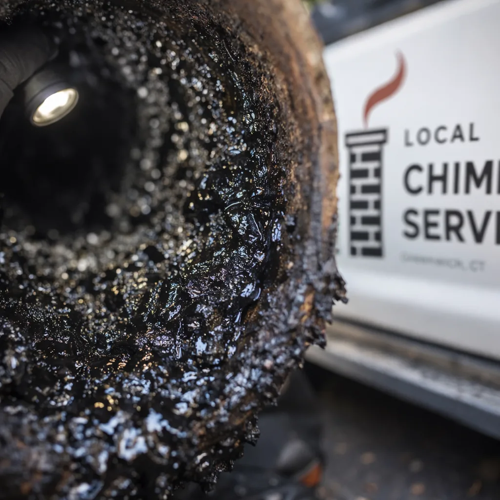 A close-up of glazed, heavy creosote buildup inside a flue that had gone more than one season without sweeping