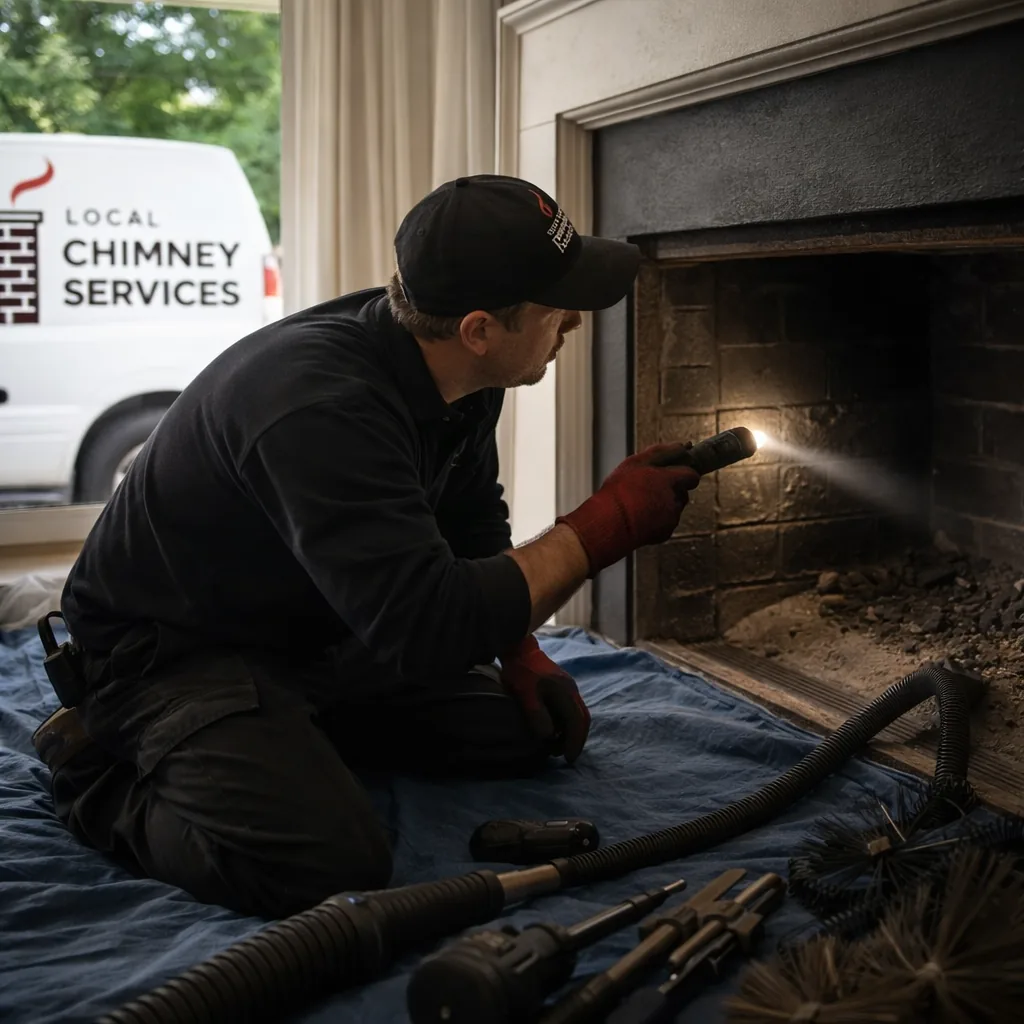 A technician assessing a chimney flue's condition through the firebox before quoting a sweep in a Greenwich area home