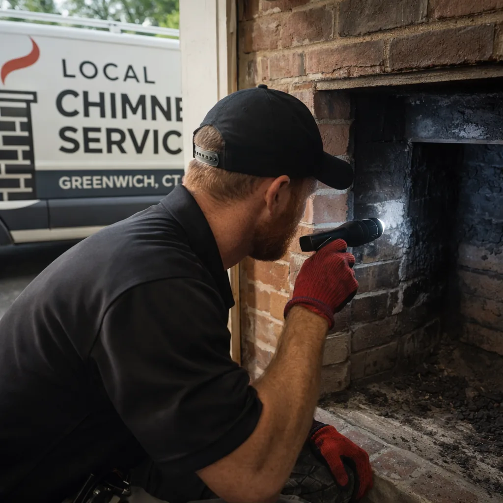 A technician examining a chimney flue through the firebox to assess creosote buildup before quoting the work