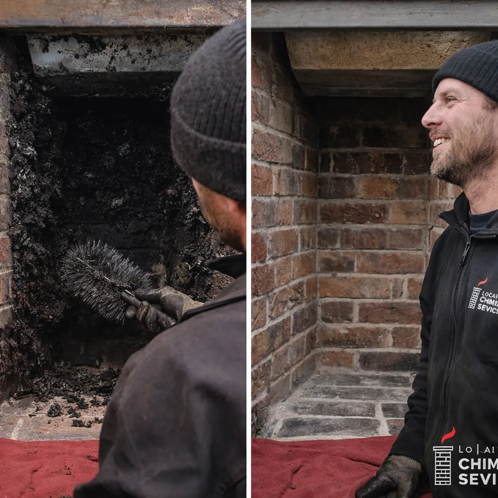Side by side of a second-floor bedroom fireplace flue before and after clearing built-up creosote