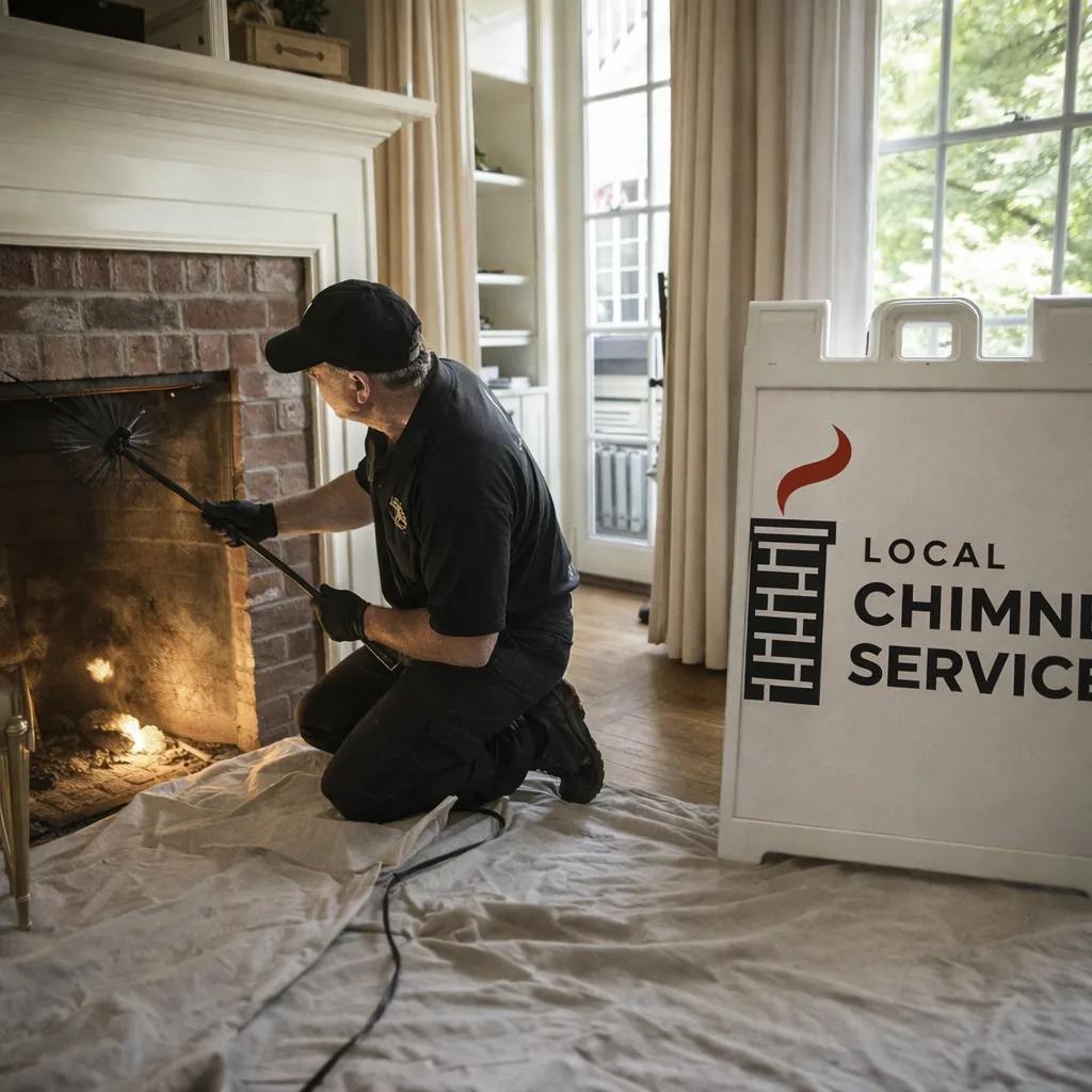 A technician sweeping a fireplace flue inside a Darien colonial-style living room with drop cloths laid around the hearth