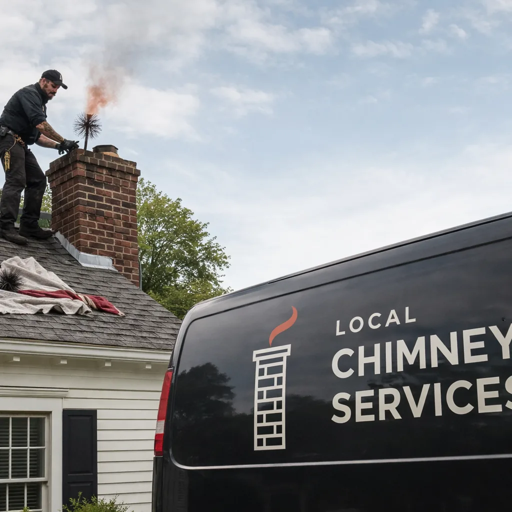 A technician sweeping a chimney flue from the rooftop of a Greenwich area colonial home, brushes and drop cloths visible
