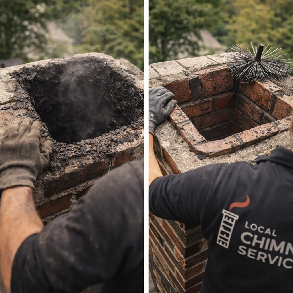 Side by side of a flue before and after an early-fall sweep ahead of the heating season