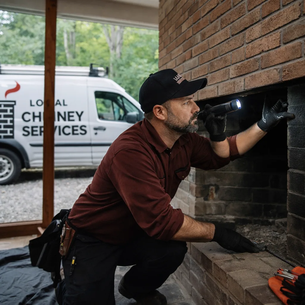 A technician inspecting a fireplace flue in a New Canaan mid-century home before the start of the heating season