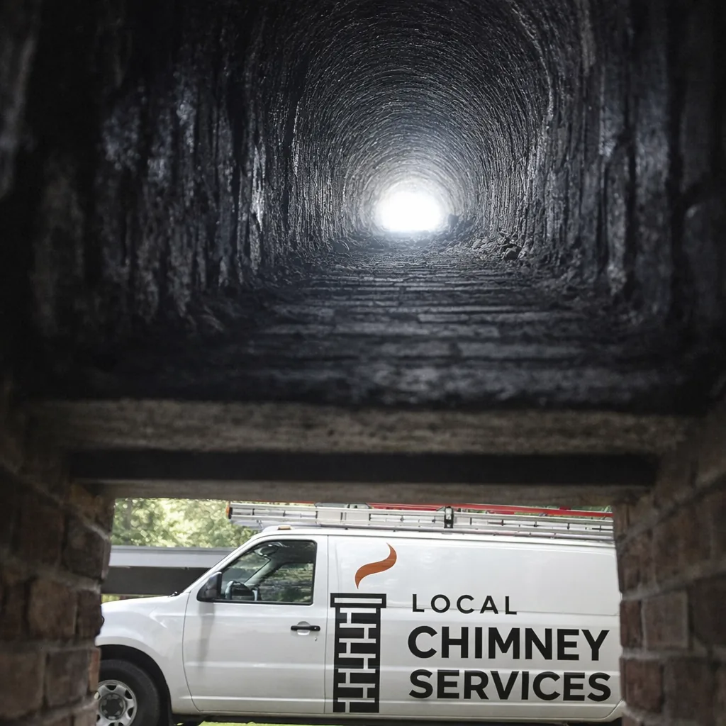 A swept fireplace flue in a New Canaan mid-century home, viewed from the firebox looking up