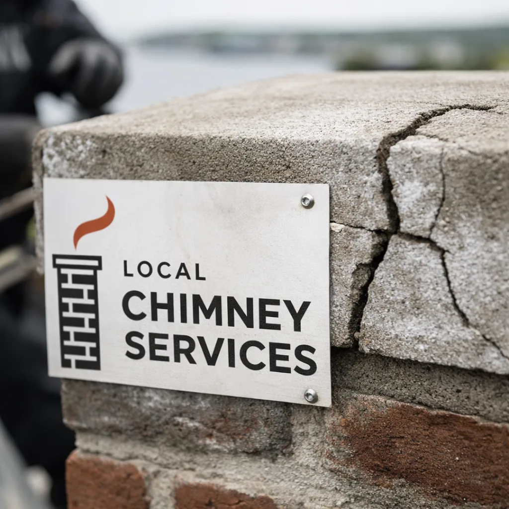 A close-up of a chimney crown showing early salt-air cracking on a coastal Old Greenwich property