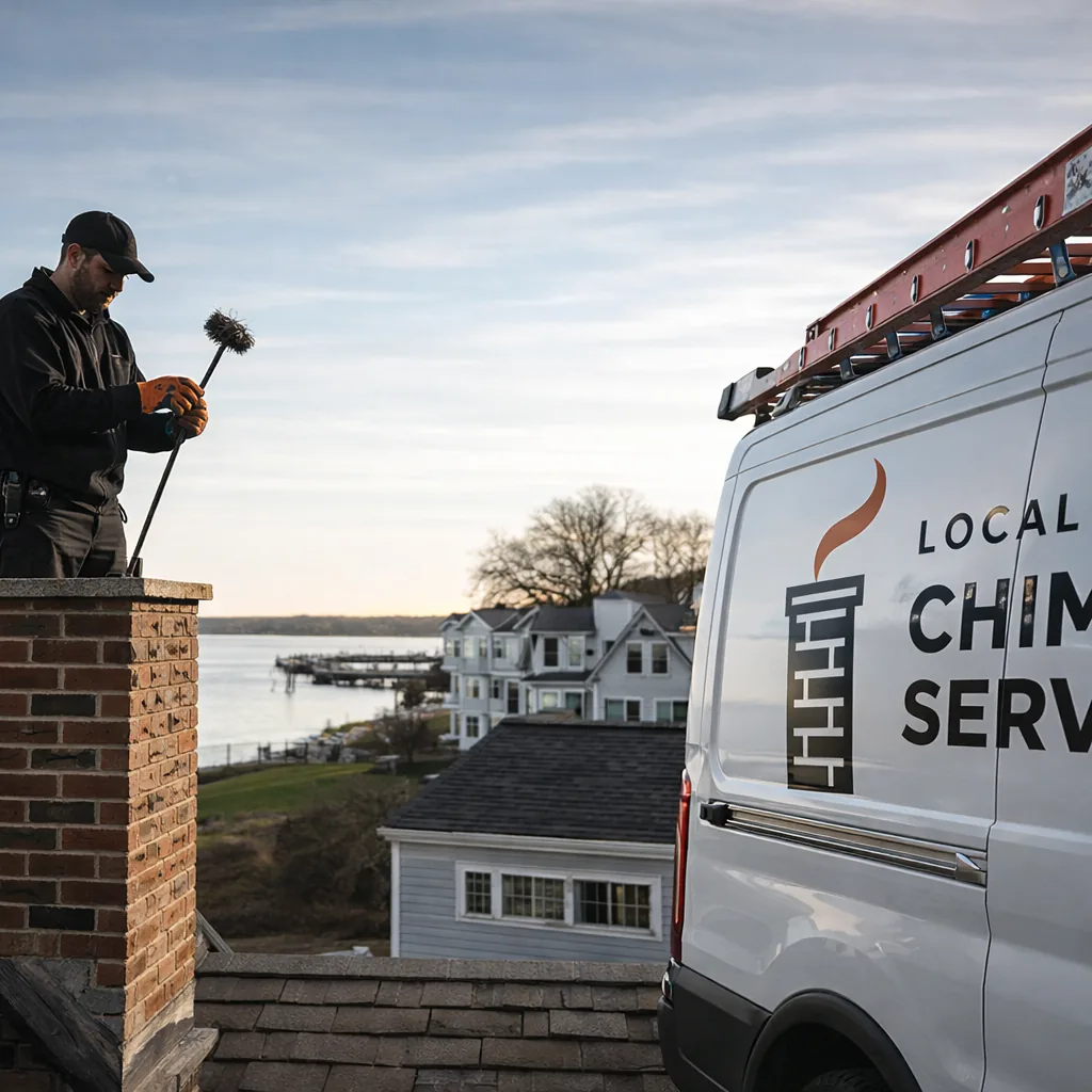 A technician sweeping a chimney flue on a coastal-style home in Old Greenwich near Long Island Sound