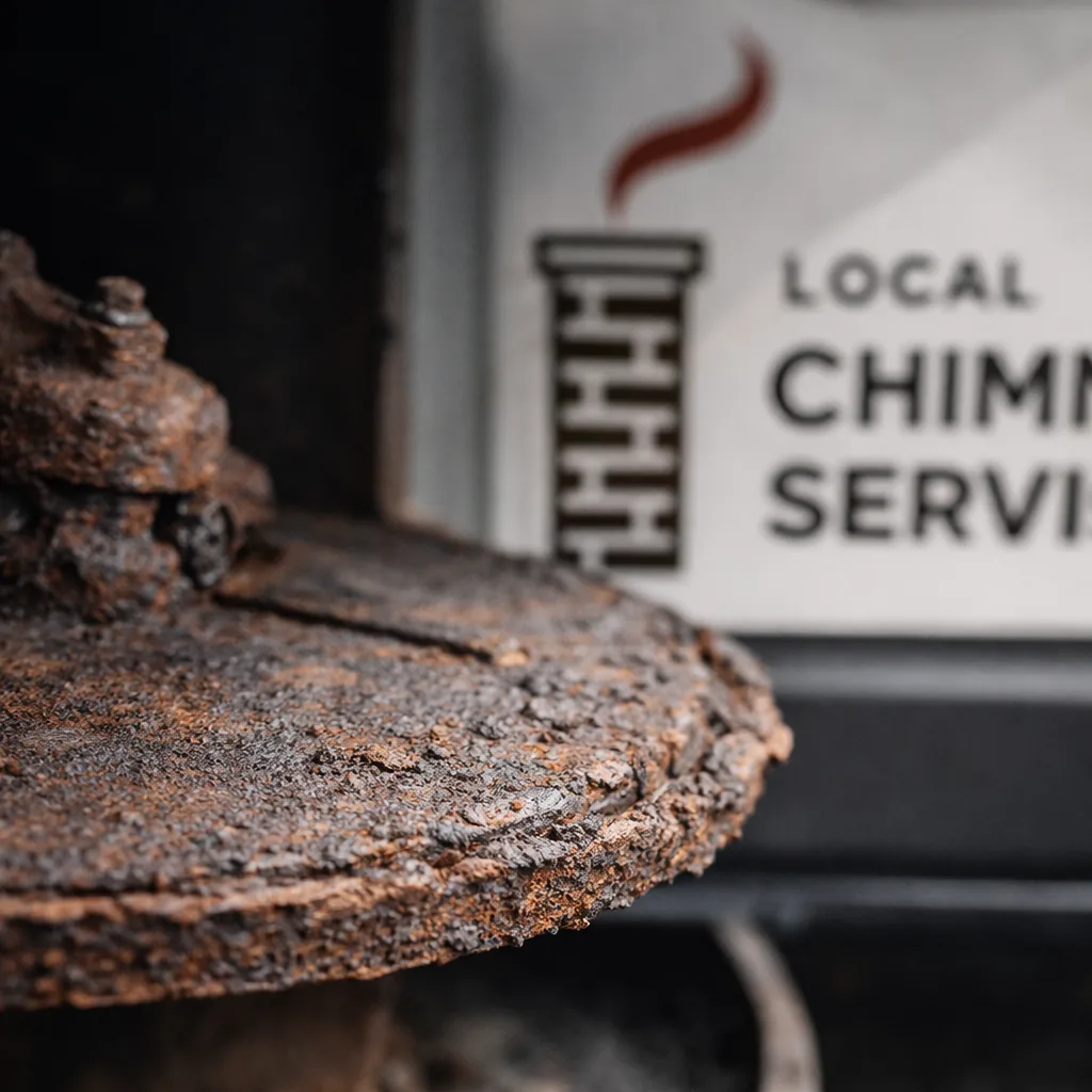 A close-up of a corroded chimney damper found during an inspection in a Riverside home