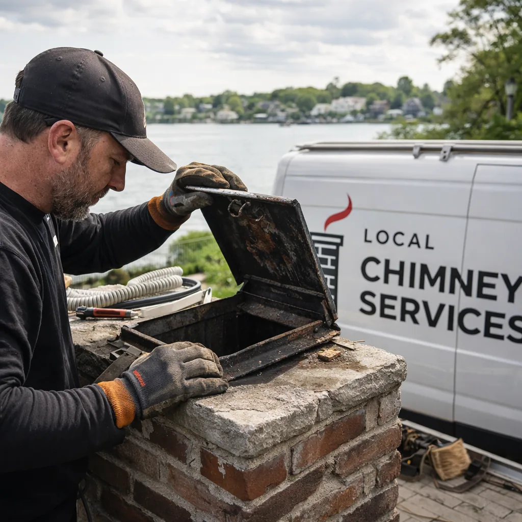 A technician checking a chimney damper for rust during a sweep in a Riverside home near the water