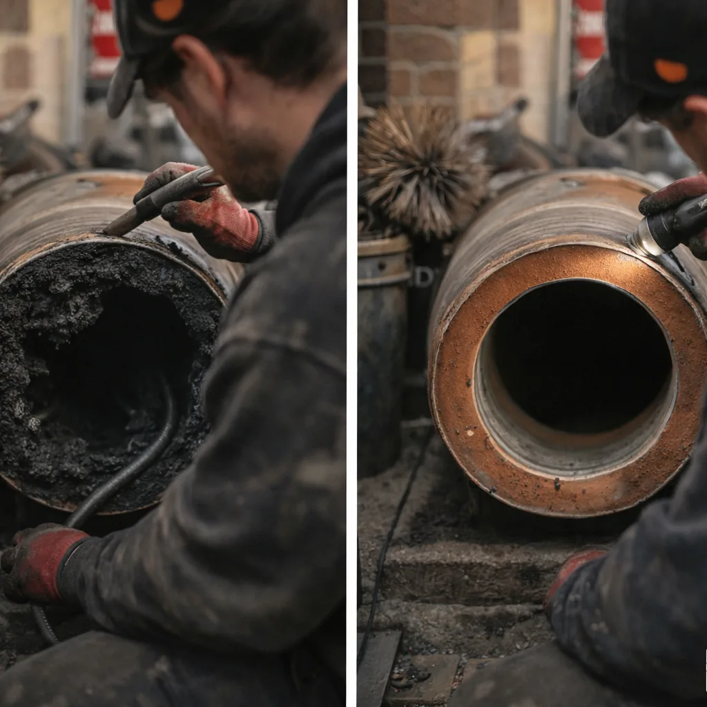 Side by side of a furnace flue before and after clearing soot buildup in a converted Stamford building