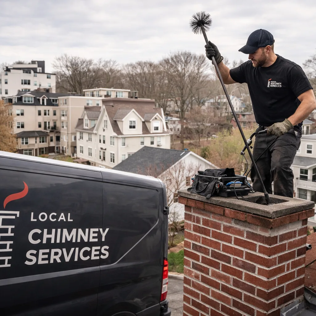 A technician sweeping a chimney flue on a converted multi-family building in a denser Stamford neighborhood