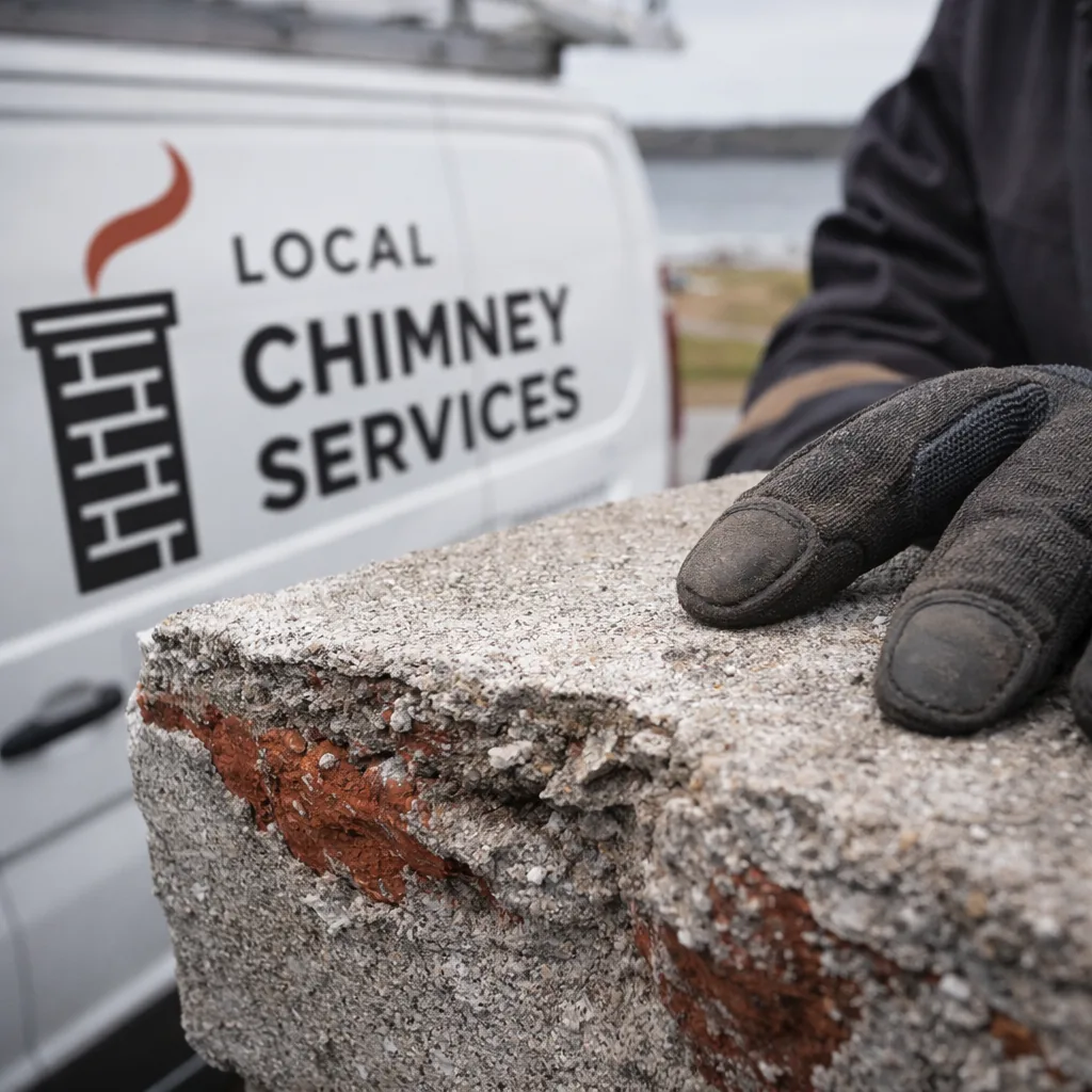 A close-up of a chimney crown checked for salt-air wear on an older Westport coastal property