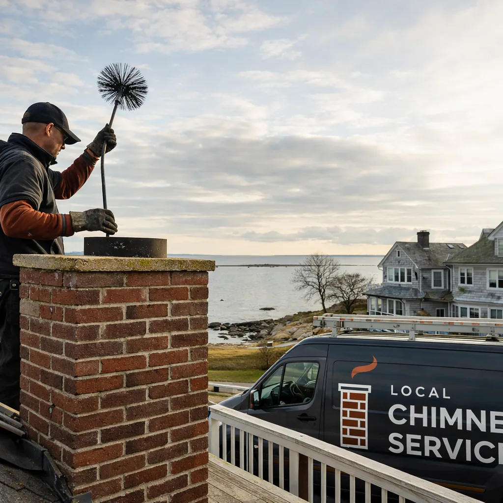 A technician sweeping a chimney flue on a historic coastal-style home in Westport near Long Island Sound
