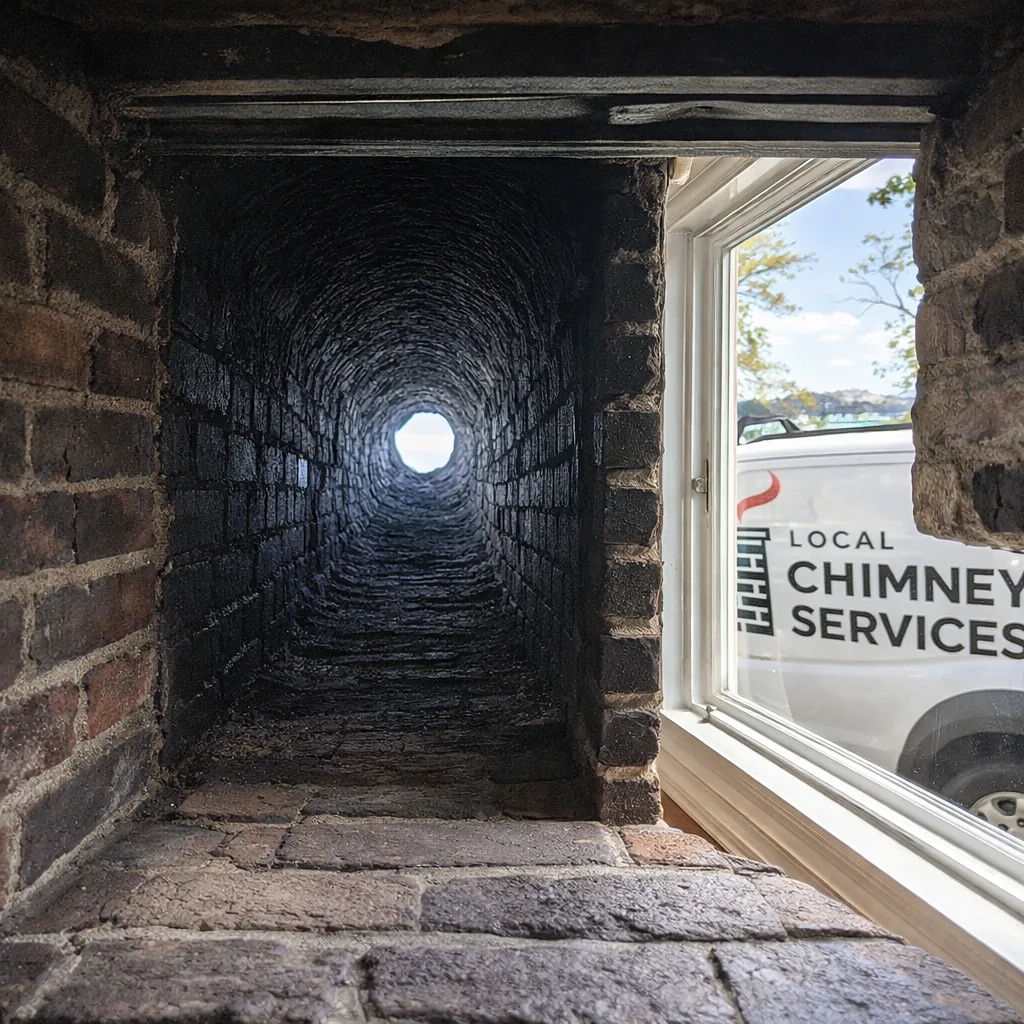 A cleared fireplace flue viewed from below after a sweep in a historic Westport home near the water