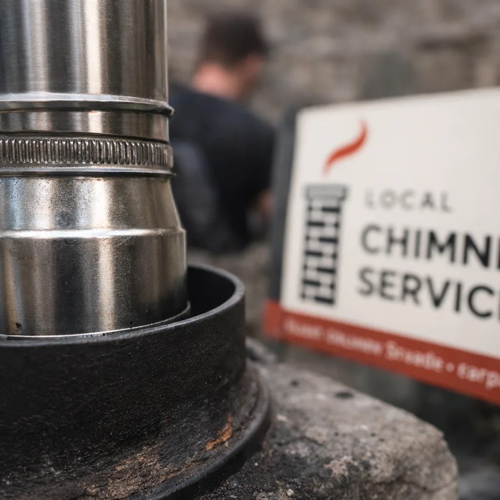 Close-up of a stove flue collar and listed connector pipe fitted correctly to a relined masonry chimney