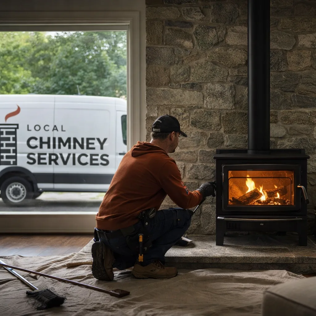 A modern EPA certified wood stove burning inside a Greenwich area living room with a stone hearth surround