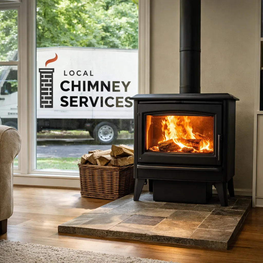A modern EPA certified wood stove installed on a hearth pad inside a Greenwich area living room, connector pipe visible running to the flue