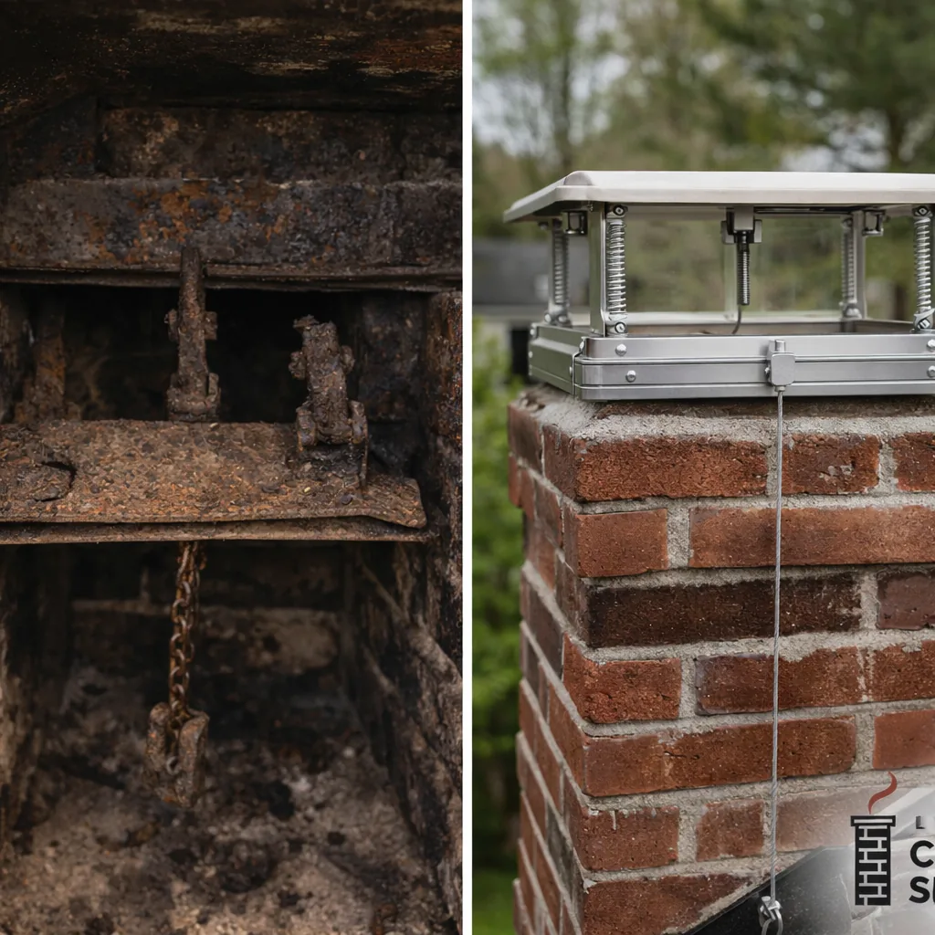 Side by side of a rusted, stuck throat damper before service and a clean top-sealing damper installed after