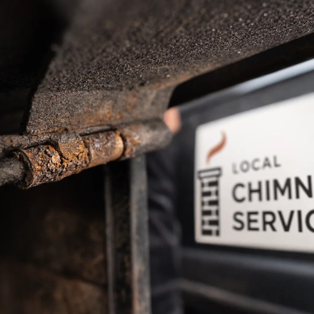 Close-up of a cast iron throat damper plate viewed from inside the firebox, showing rust along the hinge